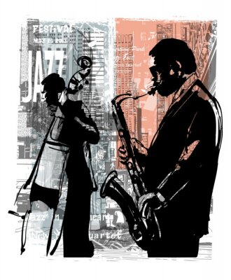 Zwei Jazzmusiker vor dem Hintergrund der Wolkenkratzer