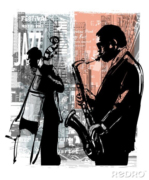 Fototapete Zwei Jazzmusiker vor dem Hintergrund der Wolkenkratzer