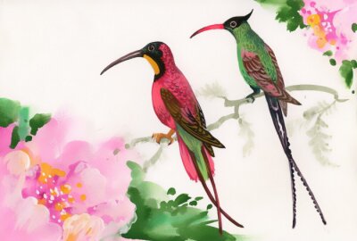 Fototapete Zwei Vögel bei rosa Blumen