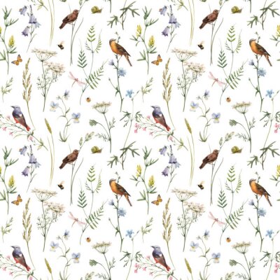 Tapete Zweige mit pastellfarbenen Blumen und Vögeln