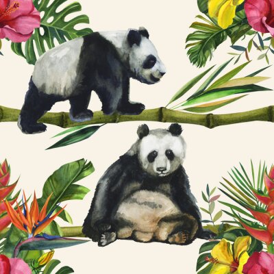 Panda Aquarell-Bambusbären inmitten von tropischen Blumen