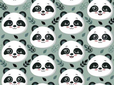Panda Muster mit niedlichen Pandaköpfen und Blättern