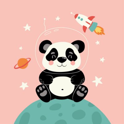 Panda Panda mit Helm mit einer Rakete im Hintergrund