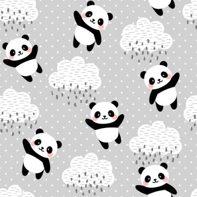 Panda Skandinavisches Design mit Pandas auf grauem Hintergrund mit Wolken