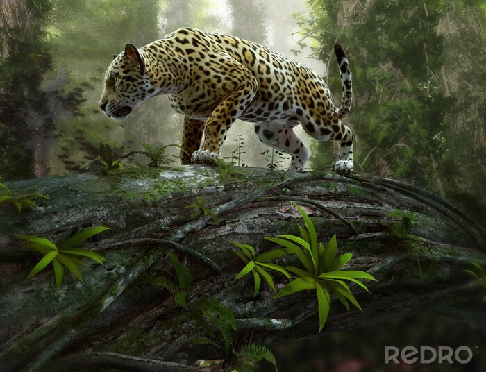 Poster 3D-Dschungel mit Jaguar