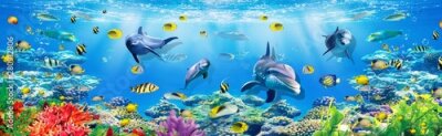 Poster 3d illustration  wallpaper under sea dolphin, Fish, Tortoise, Coral reefsand water with broken wall bricks background. will visually expand the space in a small room, bring more light and become an ac