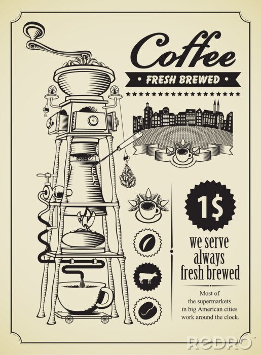 Poster 3D Kaffee auf Retro-Anleitung