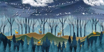 3d modern art mural wallpaper with dark blue Jungle , forest background . golden deer, christmas tree , mountains , clouds with white birds . Suitable for use as a frame on walls .