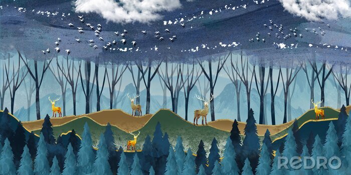 Poster 3d modern art mural wallpaper with dark blue Jungle , forest background . golden deer, christmas tree , mountains , clouds with white birds . Suitable for use as a frame on walls .