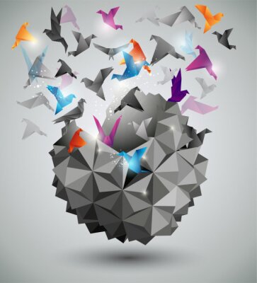 Poster 3d Origami mit Vögeln