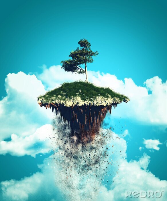 Poster 3D schwimmende Insel explodieren in den Himmel