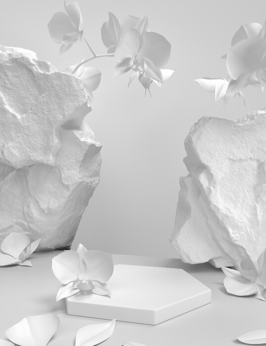 Poster 3d weiße Blumen und Steine