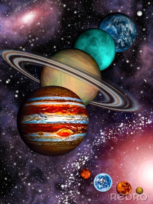Poster 9 Planeten des Sonnensystem, Asteroidengürtel und Spiralgalaxie.