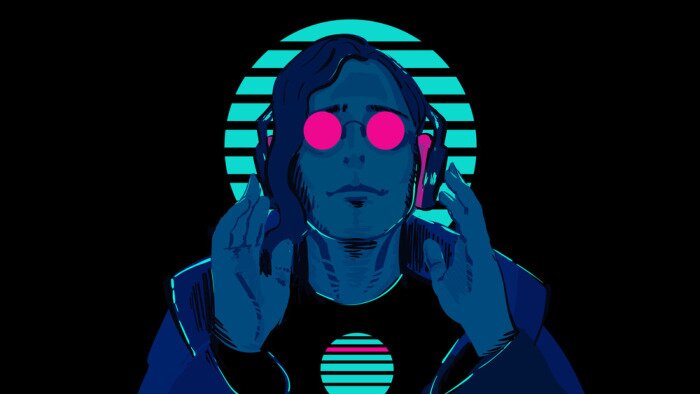 Poster A guy with blue skin in pink, round glasses against a striped neon circle is listening to music in stereo headphones. Illustration of a sci-fi retro wave 80's on a black background.