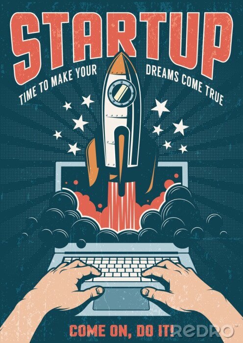 Poster A rocket taking off from a laptop. Vintage retro poster with a dark background. Startup concept. Vector illustration. Worn texture on separate layer.