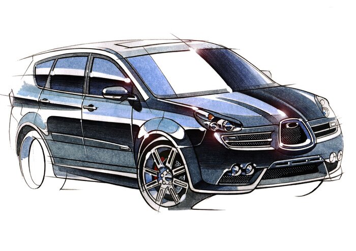 Poster A sketch of a steep SUV pickup for outdoor activities.