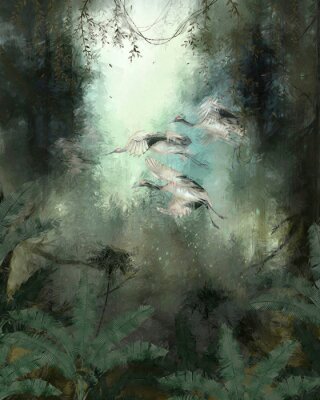 Poster Abfliegende Vögel im grünen Dschungel