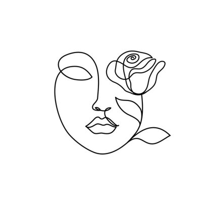 Abstract beauty woman face with rose. Continuous line drawing