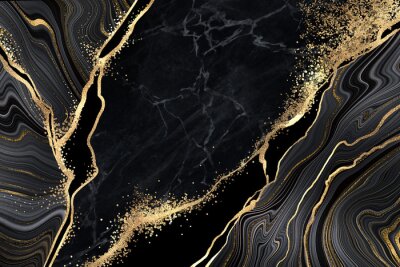 Fototapete Abstract black marble background with golden veins, japanese kintsugi technique, fake painted artificial stone texture, marbled surface, digital marbling illustration