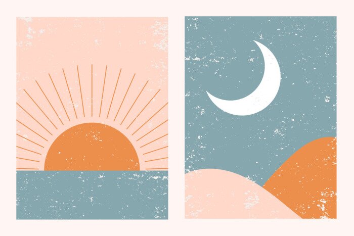 Poster Abstract contemporary aesthetic background landscape set with Sun, Moon, sea, mountains. Earth tones, pastel colors. Boho wall decor. Mid century modern minimalist art print. Flat abstract design.