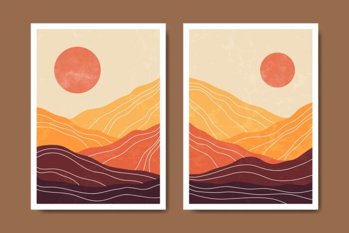 Poster Abstract Contemporary mid century modern landscape boho poster cover template.
Minimal and natural compositions for art print, postcard, cover, wallpaper, wall art.