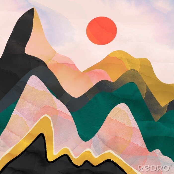 Poster Abstract mountains and red sun. Hand drawn colorful illustration