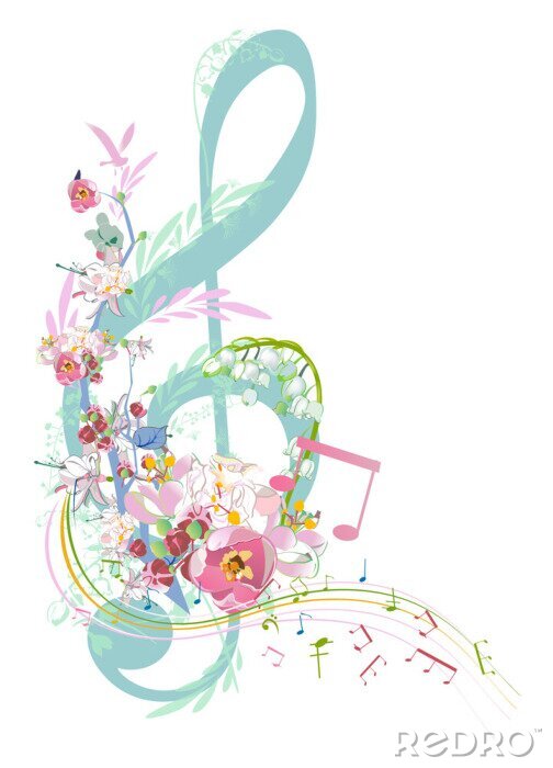 Poster Abstract treble clef decorated with summer and spring flowers, notes. Hand drawn vector illustration.