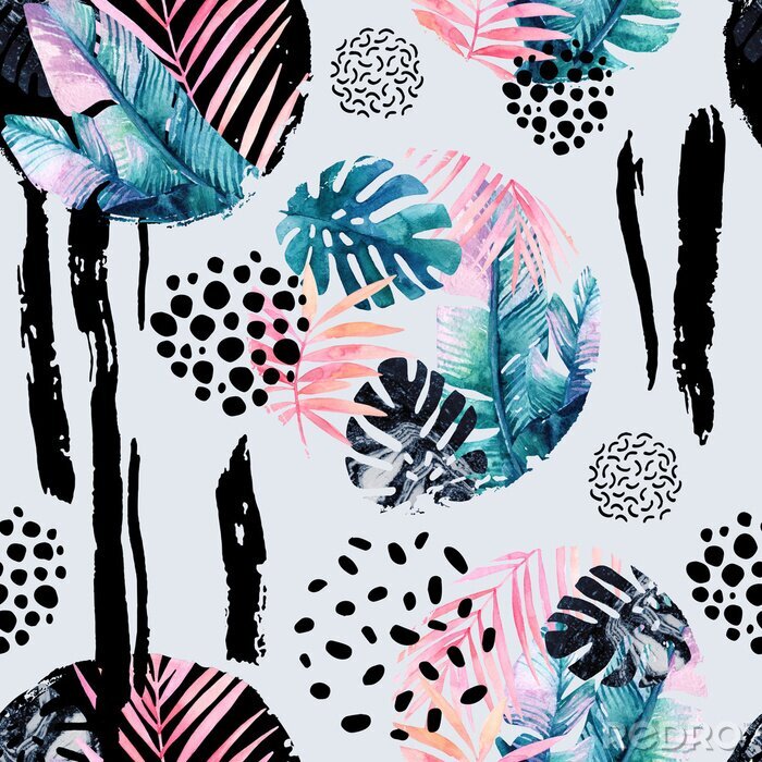 Poster Abstrakt natürliche nahtlose Muster von Memphis-Stil inspiriert. Kreise gefüllt mit tropischen Blättern, Gekritzel, Grunge Textur, grobe Pinselstriche. Handgemalte Aquarellabbildung
