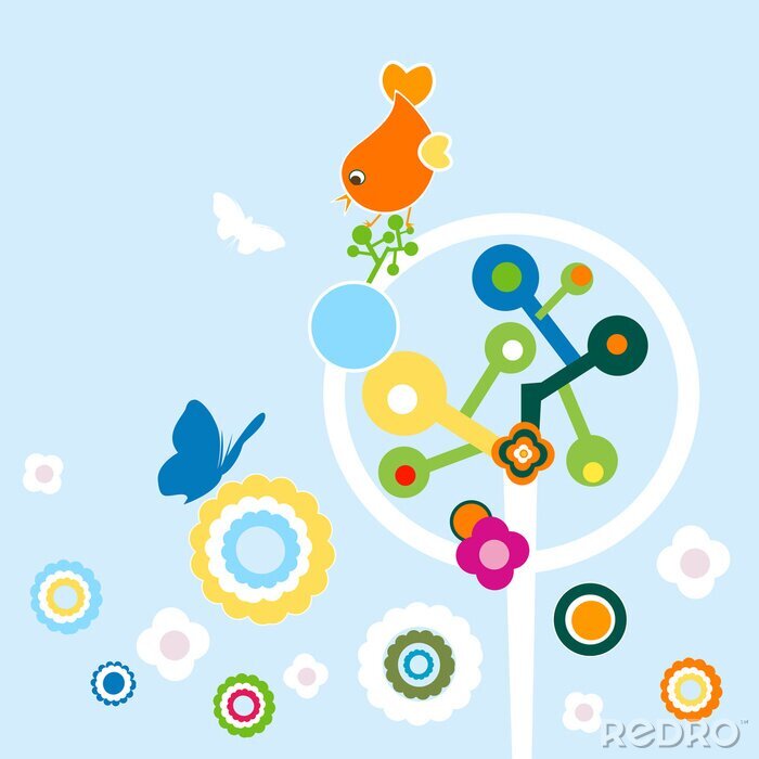 Poster Abstrakte Blumenbäume und Vögel