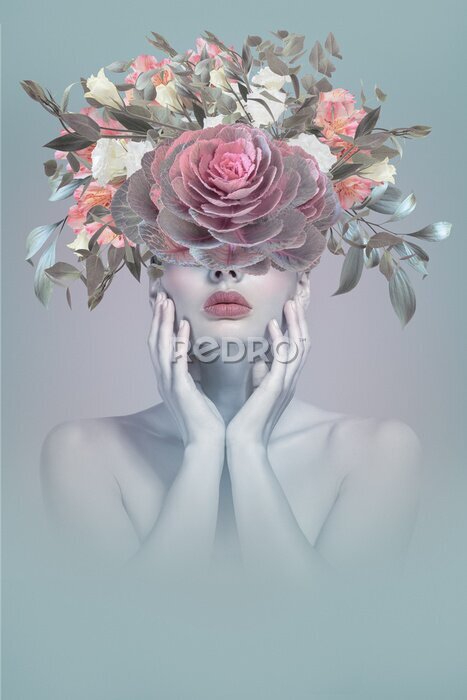 Poster Abstrakte Collage Frau mit Blumen