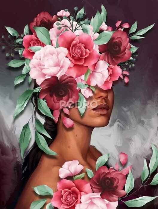 Poster Abstrakte Frau mit Blumenstrauß auf dem Kopf