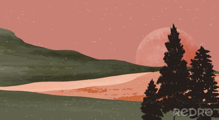 Poster Abstrakte Landschaft mit Bergen auf rosa Hintergrund