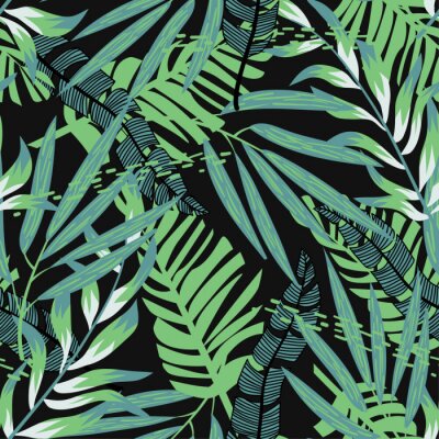 Abstraktes nahtloses Muster mit bunten tropischen Blättern und Pflanzen auf schwarzem Hintergrund. Vektordesign. Dschungeldruck. Blumiger Hintergrund. Druck und Textilien. Exotische Tropen. Sommerdesi
