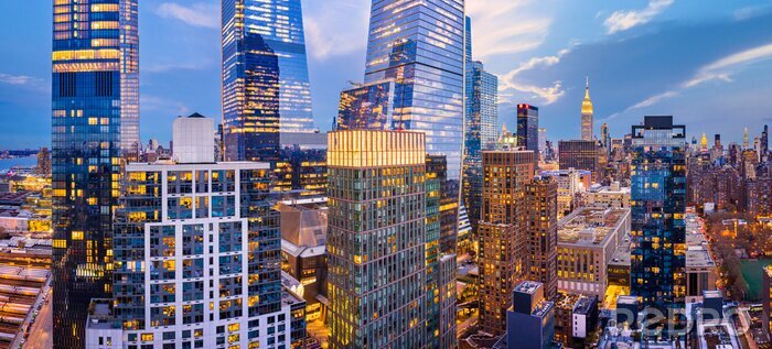 Poster Aerial panorama of New York City skyscrapers at dusk as seen from above the 29th street, close to Hudson Yards and Chelsea neighborhood