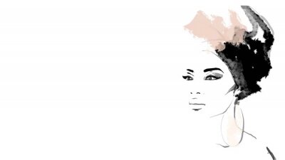 African American illustration for fashion banner. Trendy woman model background. Afro hair style girl	
