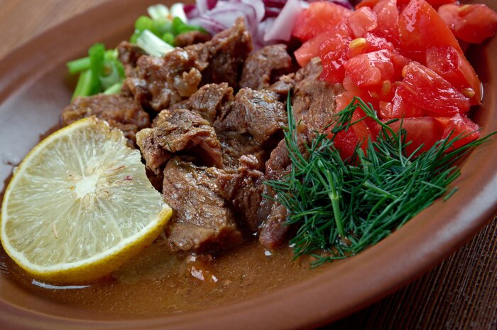 Poster Afrikanische Küche Fleisch mit Gemüse