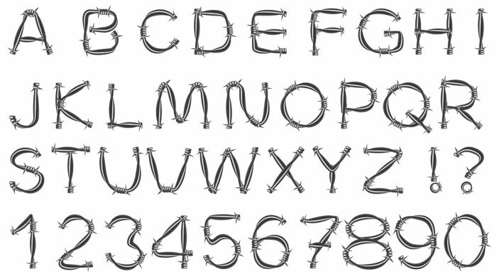 Poster Alphabet Buchstaben schwarz und Zahlen auf weißem Hintergrund