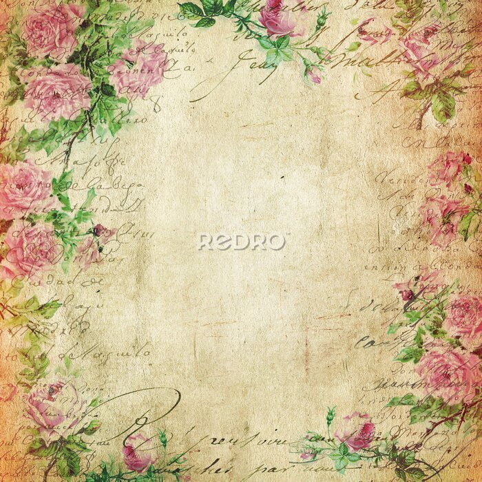 Poster Alte Papierstruktur mit rosa Blumen