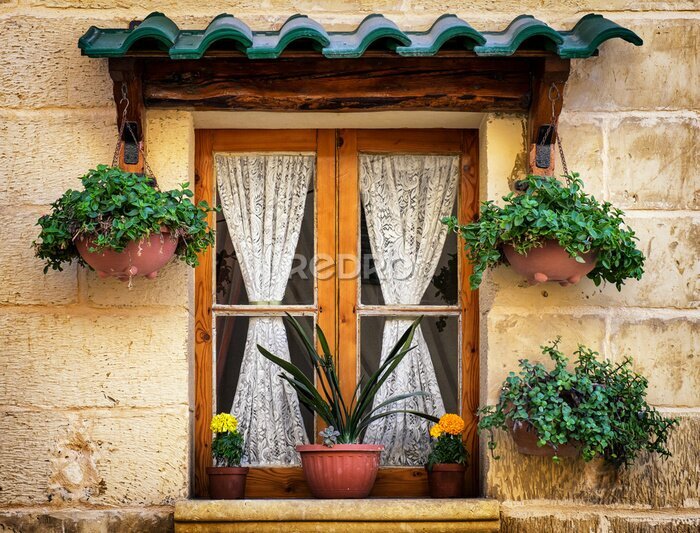 Poster Altes Fenster mit Blumen und Vorhängen im rustikalen Stil