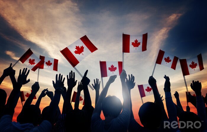 Poster Amerika Menschenmenge mit kanadischen Flaggen