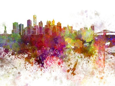 Poster Amerika Regenbogengrafik mit Stadtpanorama