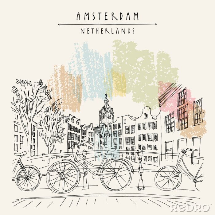 Poster Amsterdam, Holland, Netherlands - vintage hand drawn postcard