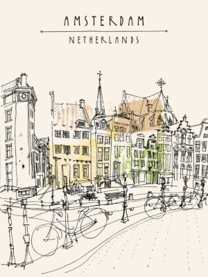 Amsterdam Stadtansicht. Vector Hand gezeichnet Vintage Postkarte oder Poster
