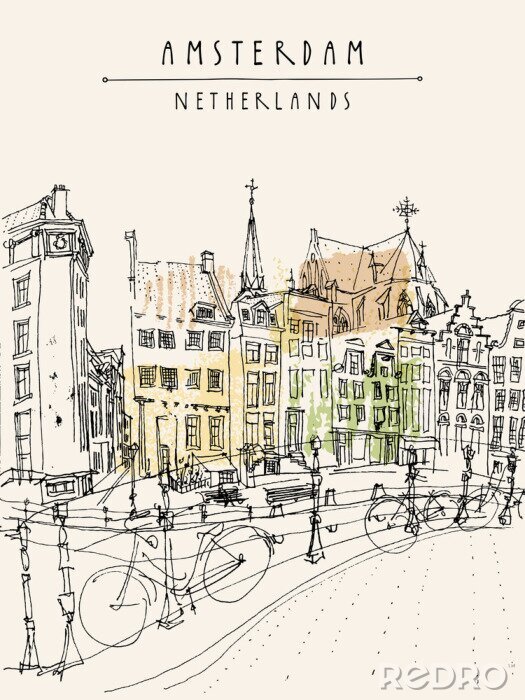 Poster Amsterdam Stadtansicht. Vector Hand gezeichnet Vintage Postkarte oder Poster