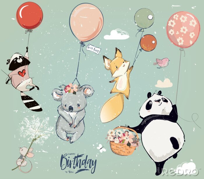 Poster An bunten Luftballons hängende Tiere
