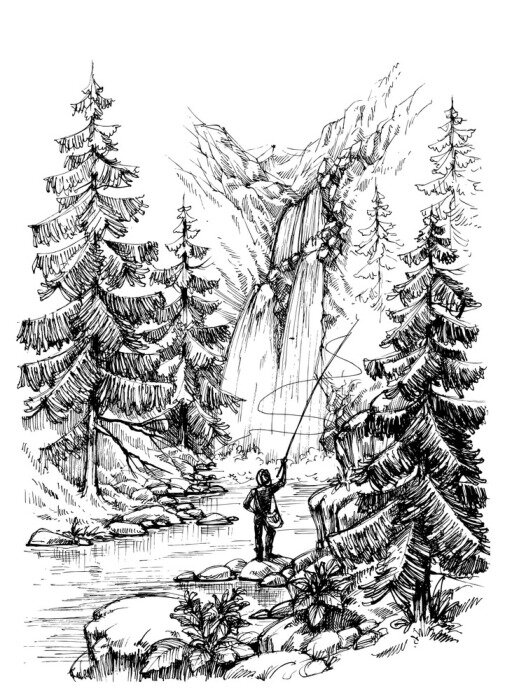 Poster Angler am Wasserfall inmitten der Bäume