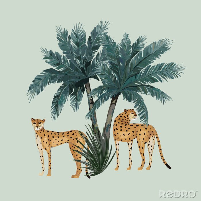 Poster Animal pattern with leopards and palm trees. Vector illustration. Vintage print