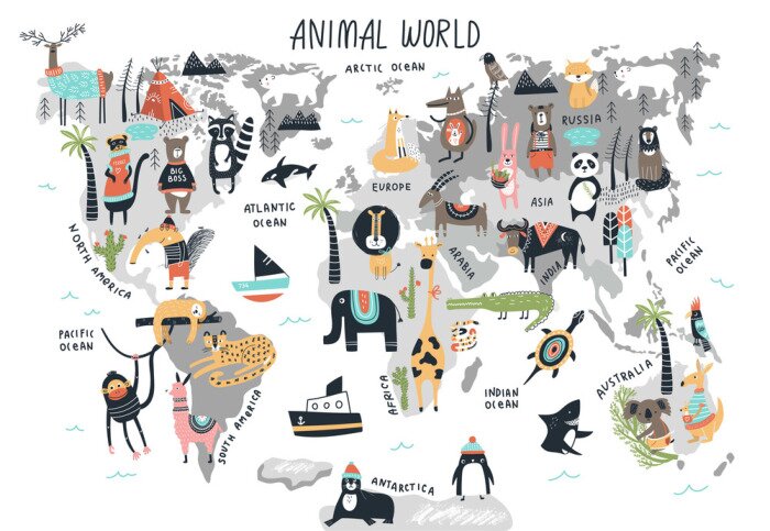 Poster Animal World Map - cute cartoon hand drawn nursery print in scandinavian style. Vector illustration