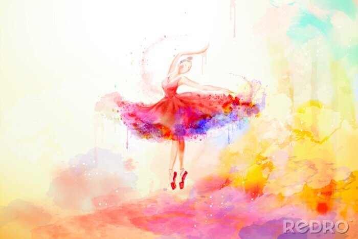 Poster Aquarell Ballerina auf einem bunten Hintergrund