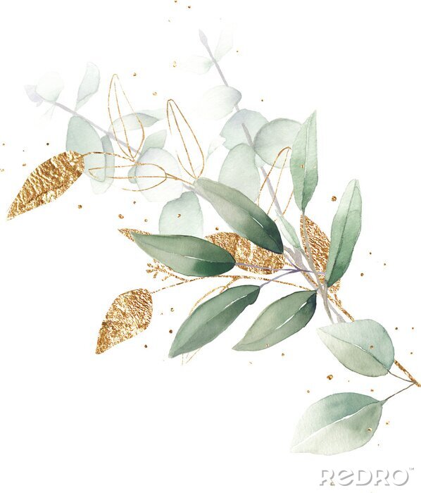 Poster Aquarell-Blätter mit goldenen Details